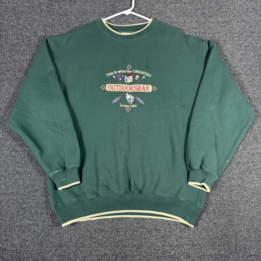 VTG MC Sport Outdoorsman Crewneck Sweatshirt Men L Green Wolf Embroidered Nature